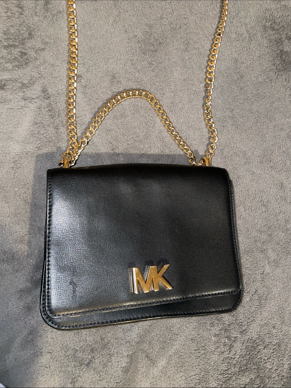 Michael Kors Black Leather Crossbody with Gold MK Logo & Chain